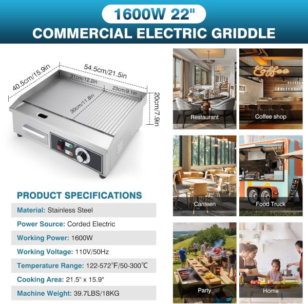 IRONWALLS Commercial Griddle 1600W Non Stick Stainless Steel-1